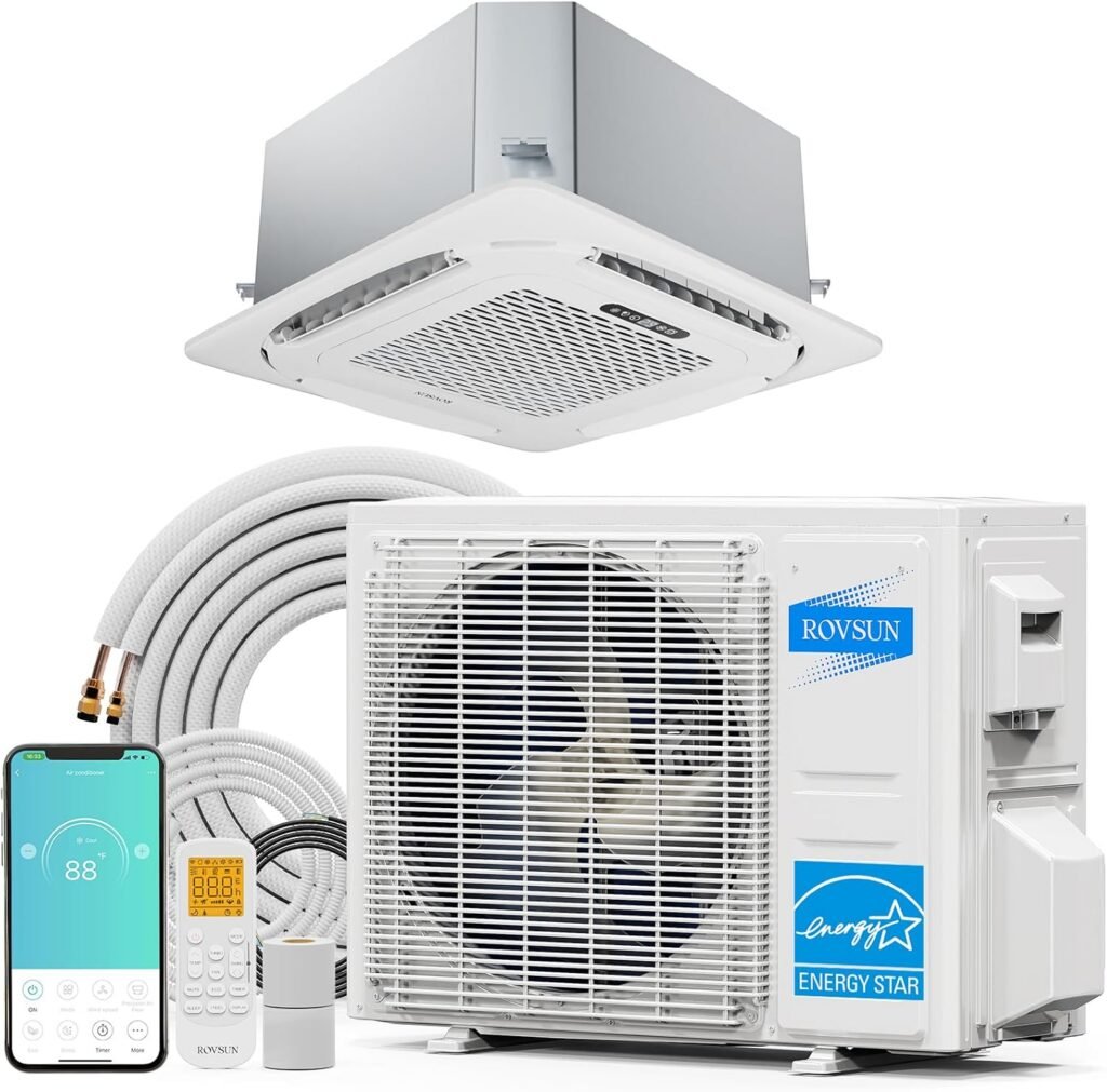 ROVSUN BTU Smart WIFI Ceiling Cassette Mini Split AC/Heating System with Inverter  APP Control, SEER2 Ductless Air Conditioner with Pre-Charged Condenser, Heat Pump  Installation Kit, 230V