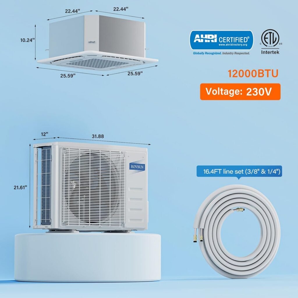 ROVSUN BTU Smart WIFI Ceiling Cassette Mini Split AC/Heating System with Inverter  APP Control, SEER2 Ductless Air Conditioner with Pre-Charged Condenser, Heat Pump  Installation Kit, 230V